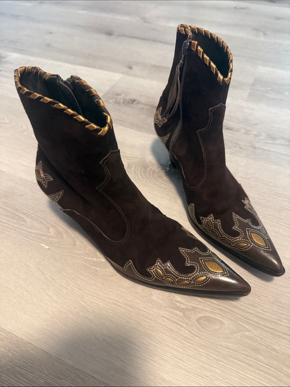 ANTONIO MELANI Dark Brown Suede Western Ankle Boots with Embroidered Toe - Picture 2 of 9